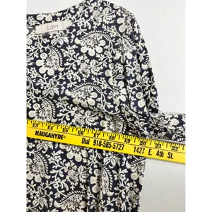 LOFT Blouse Women L Navy Blue White Floral Paisley Long Sleeve Keyhole Back thumbnail 7