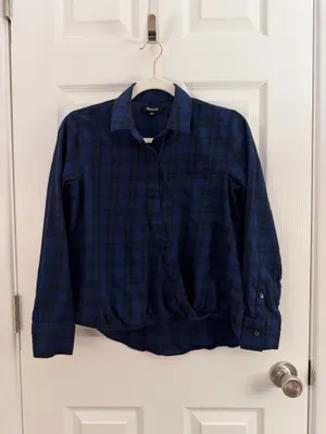 Madewell Navy Blue Arion Plaid Wrap Front Shirt XS thumbnail 3
