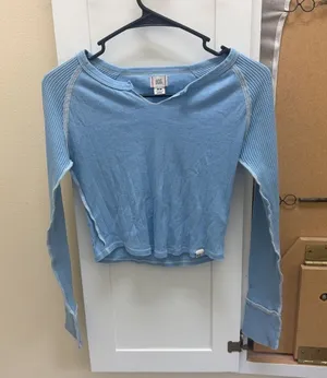 BDG Light Blue Pointelle Waffle Knit Long Sleeve Crop Top Size M thumbnail 1