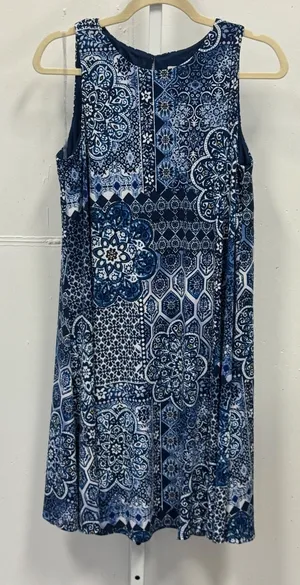 Anne Klein Blue White Patchwork Tile Mosaic Print Sleeveless Shift Dress Size 12 thumbnail 1