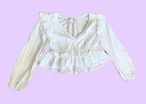 Boho Cottagecore White Long Sleeve Button Up Crop Top Blouse 🔥 thumbnail 1