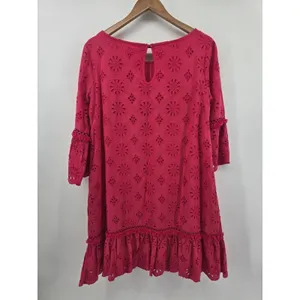 Anthropologie Dress Womens 10 Eyelet Shift Magenta Pink Bell Sleeve EUC thumbnail 3
