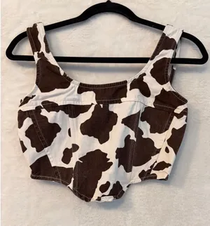 Lone Star Cow Print Corset Top Womens Small Brown White Denim Smocked Crop Tank thumbnail 1