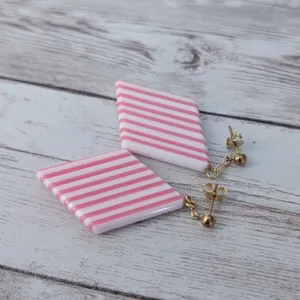 Vintage Stud Earrings Pink & White Striped Dangle thumbnail 3