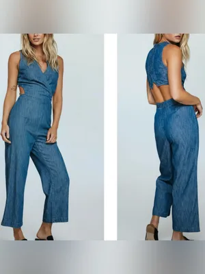 Free People Moonlight Mile Chambray Jumper Jumpsuit Denim Open Back thumbnail 2