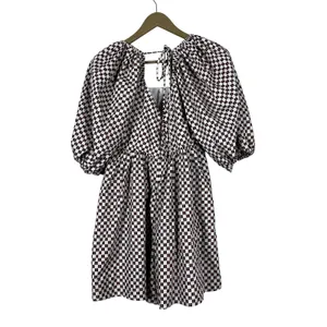 Abercrombie & Fitch Puff Sleeve Checkered Romper Burgundy Mod Retro Size M thumbnail 5