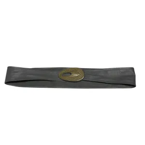 Vintage 80s Gray‎ Leather Wide Waist Belt Gold Snakeskin Look Statement Buckle thumbnail 5