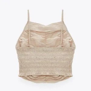 Zara Ruched Halter Crop Top Light Tan Brown Smocked Draped Size S thumbnail 3