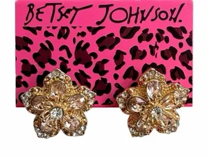 Betsey Johnson Pink Rhinestone Flower Statement Stud Earrings thumbnail 1