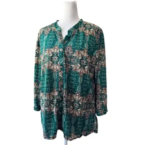 Green, Cream & Brown Long Sleeve Relaxed Fit Lightweight Button Front Blouse thumbnail 3