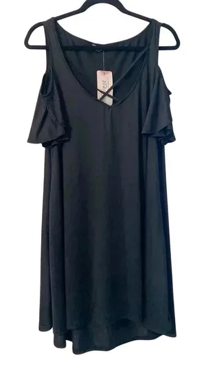 Stretchy Black Cold Shoulder Criss Cross V-Neck Mini‎ Swing Dress NWT thumbnail 1
