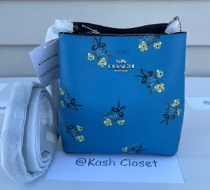 Coach Mini Town Bucket Bag With Floral Bow Print -Blue Multi thumbnail 1