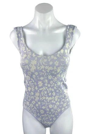 Free People Clean Lines Purple Floral Sleeveless Thong Bodysuit Tank Top Sz M/L thumbnail 1