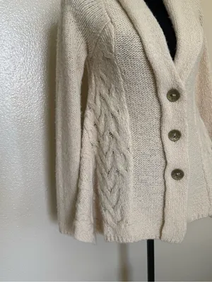 Free People Boho Cream Cable Knit Shawl Cardigan Fringe Wool Blend XS thumbnail 8