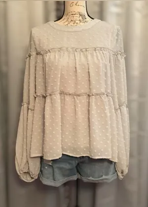 Listicle Light Gray Swiss Dot Tiered Peasant Blouse thumbnail 1