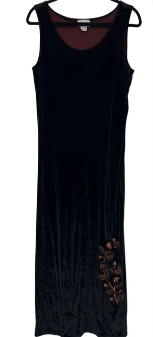 Vintage Black‎ Burgundy Velvet Floral Embroidered Boho Whimsigoth Maxi Dress S thumbnail 1