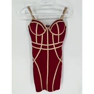 BLASHE Bodycon Dress Sz Small Burgundy Tan Bustier Bandage Spaghetti Straps Sexy thumbnail 2