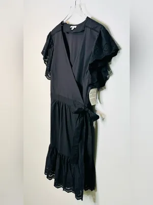 Maette Black Eyelet Cotton Poplin Wrap Mini Dress NWT thumbnail 6