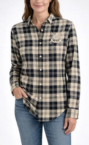 Ralph Lauren Plaid Button Front Shirt Crest Cotton Wool Preppy Academia Womens 4 thumbnail 1