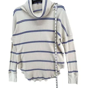 Babaton Waffle Knit Thermal Sweater Womens S Cream Blue Striped Quiet Luxury thumbnail 6