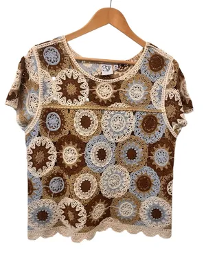37 Orchard Crochet Brown Blue Cream‎ Knit Boho Short Sleeve Shirt Size Medium thumbnail 1