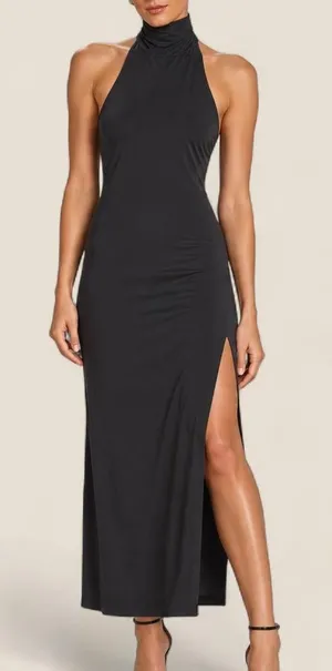 Norma Kamali Black Halter Turtle Side Slit Gown Maxi dress small nwt formal thumbnail 1
