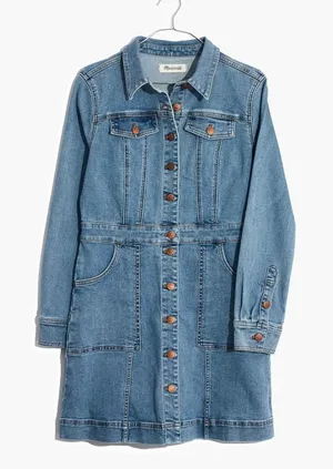 Madewell | Cotton Denim Structured Mini Shirt Dress in Medium Wash Blue‎ Size 8 thumbnail 1