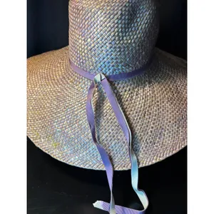 Betmar New York Iridescent Woven Straw Wide Brim Sun‎ Hat Purple Ribbon Accent thumbnail 3