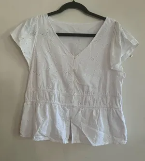 100% Cotton White Eyelet Button Up Peplum Top Medium Cottagecore Coastal thumbnail 1