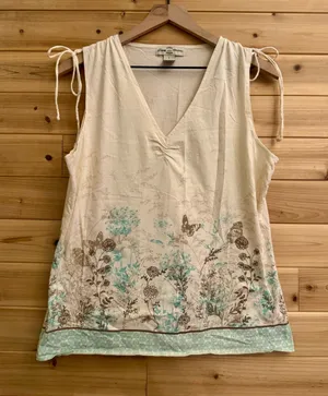 Y2K Vintage Large Tie Shoulder Pinch Bodice Butterfly Floral V Neck Tank Top thumbnail 1