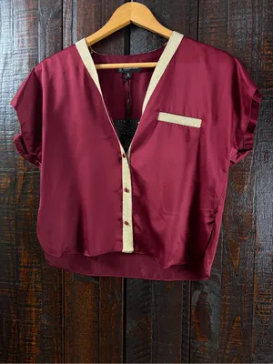 INC Burgundy Satin Blouse Pajama Top XS thumbnail 3
