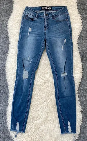 Enjean Blue Denim Skinny Jeans Distressed Raw Hem Y2k Boho Chic Grunge Alt thumbnail 1