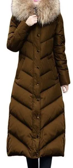 Brown Green Long Duck Down Fur Collar Coat, Sz. S thumbnail 1