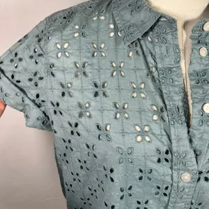 GAP XXS Blue Eyelet‎ Shirt Dress Button Front Short Sleeve Preppy Coquette thumbnail 6