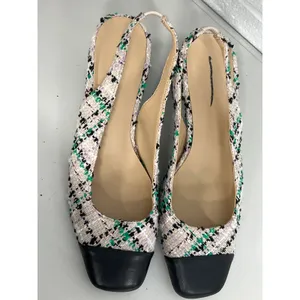 Ann Taylor Sz 7.5 Tweed Cap Toe Block Heel Slingback Pumps Black White Teal thumbnail 4