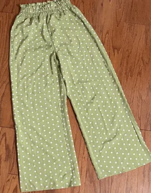 Shein Olive Green high waste Polk dot wide leg pants - Size Small with Bag. Gently warn once and excellent condition. Measurements approximately 12” waste not fully stretched out from elastic waste band x 12” rise x 43” long. None smoking home. Priced to sell at as is condition. Don’t like my price, make reasonable offer. thumbnail 1