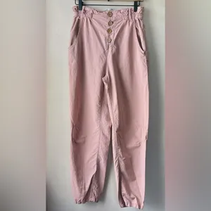 Zara Women's Baggy Rustic Paperbag Lightweight Pants Dusty Pink Button Fly Sz 2 thumbnail 2