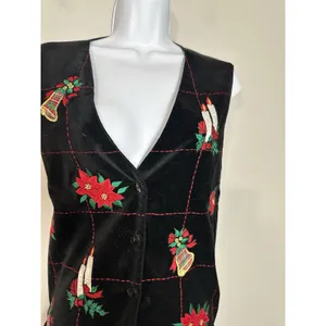 Vintage‎ Oak Hill Christmas Vest Velvet Embroidered Poinsettia Bells Size XL thumbnail 3