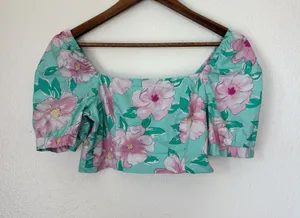 Floral Mint and Pink Puff-Sleeve Crop Top thumbnail 1