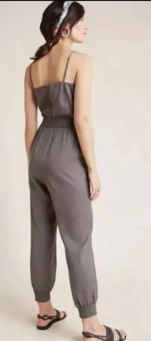 By Anthropologie Nisa Olive Green Cami Jumpsuit Small Lyocell Tapered Romper thumbnail 1
