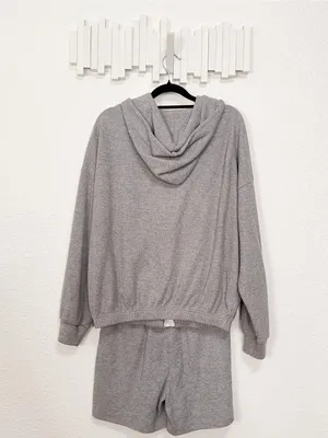 J.ING Gray Waffle Knit Zip Up Hoodie Shorts Two Piece Lounge Set One Size thumbnail 5