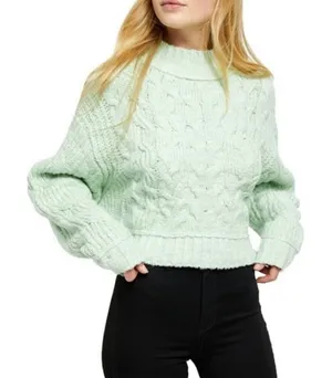 Free‎ People Carousel Mint Green Knit Long Sleeve Cropped Sweater Size XS thumbnail 1