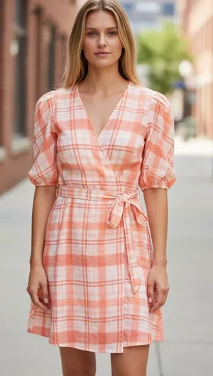 NWT EverNew Krissy Curve Plaid Wrap Dress Coral Check White Puff Sleeve 18 thumbnail 1