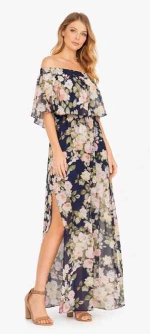 Show Me Your Mumu Hacienda Maxi Dress Small Navy Floral Off Shoulder Boho Resort thumbnail 1