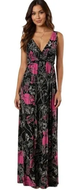 Ambrielle Y2K Pink Floral Maxi‎ Dress Empire Waist Open Back Tie Fairy Grunge M thumbnail 1