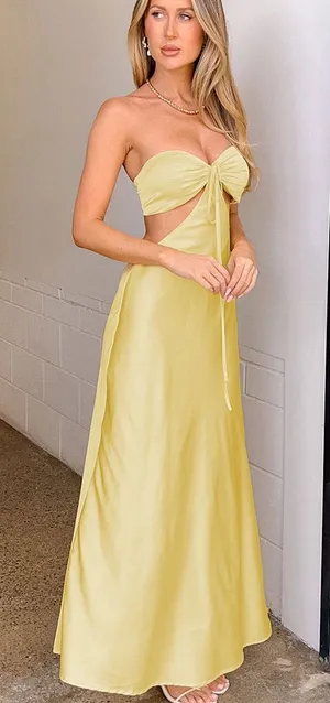 NWT Beginning Boutique Lili Yellow Satin Strapless Maxi Dress Womens Size 4‎ thumbnail 1