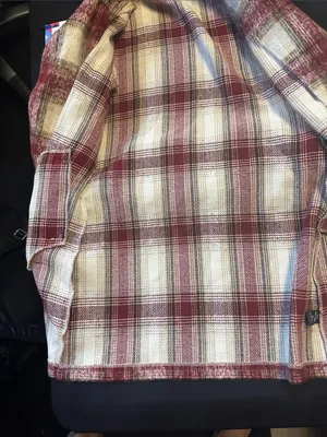 Potter's Pot Plaid Pea Coat in Burgundy and Cream no belt thumbnail 3