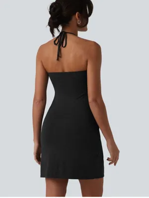 HALARA Halter Tie Back Mini Resort Dress with Pockets size Medium black NEW thumbnail 2