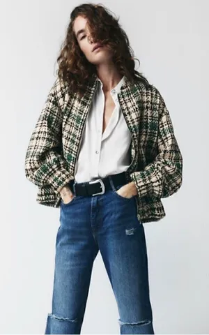 Zara Plaid Tweed Bomber Jacket thumbnail 1