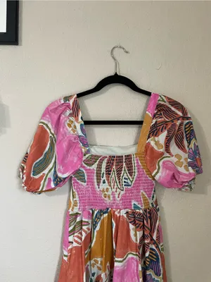 Vibrant Tropical Abstract Print Puff Sleeve Tiered Dress Square Neck Size XS thumbnail 11